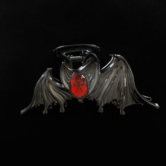 Goth Vampire Bat Wing Hair Clip Red Stone accent, Engraved detaili… - Picture 1 of 3